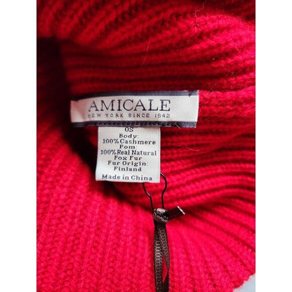 NWT Amicale Cashmere CHUNKY RIBBED CASHMERE HAT With FUR POM Red - Picture 6 of 8